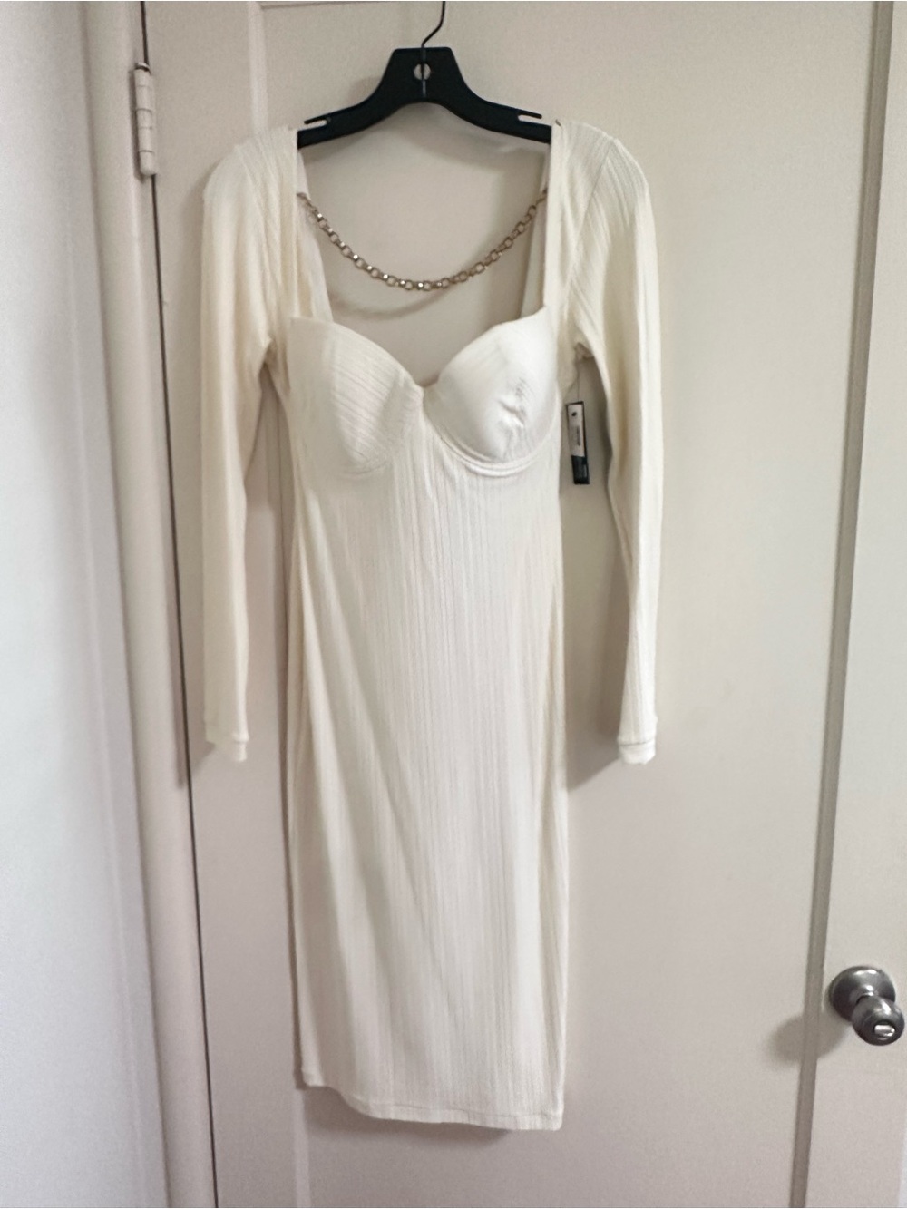 Leslie Amon Paris Ivory Ribbed Long Sleeve Midi Dress Crystal Chain Size XL NWT